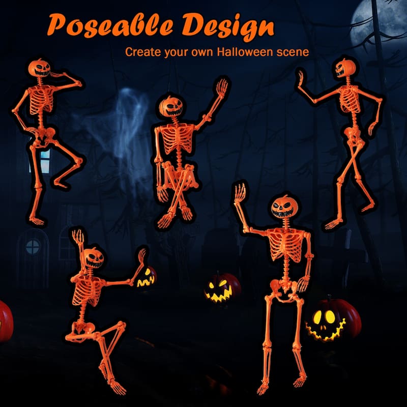 5.2 Ft Life-Size Posable Skeleton Halloween Orange Skeleton Decoration
