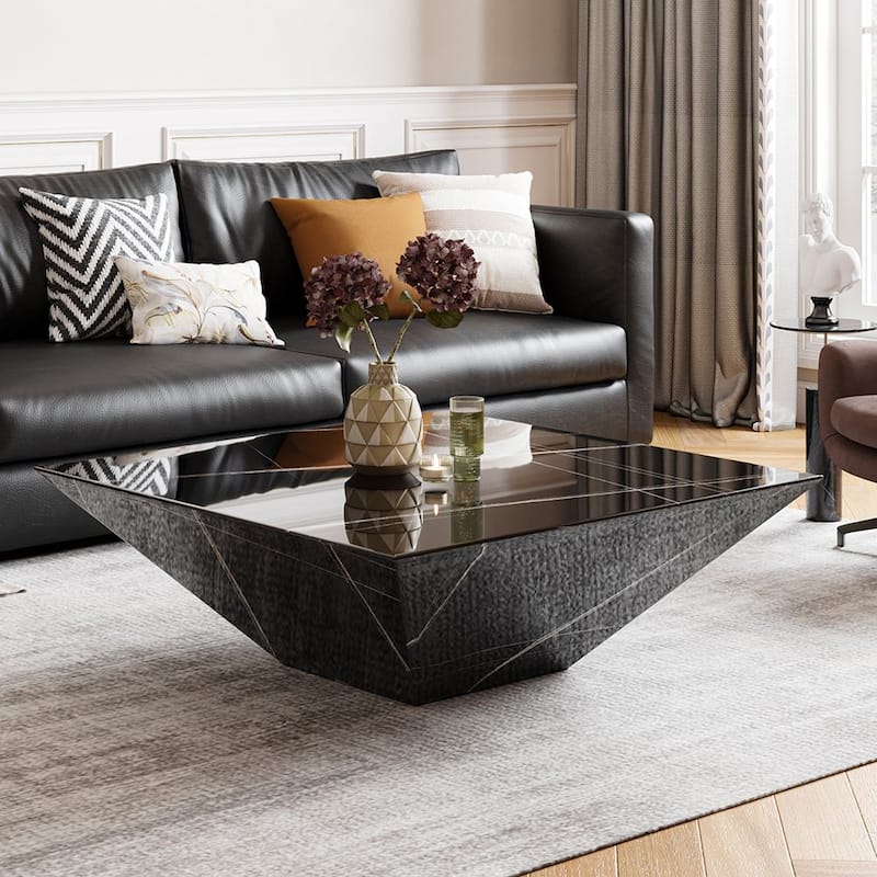 Modern Square Coffee Table, Trapezoid White Sintered Stone Coffee Table, Fully-assembled - 39.37" - Black