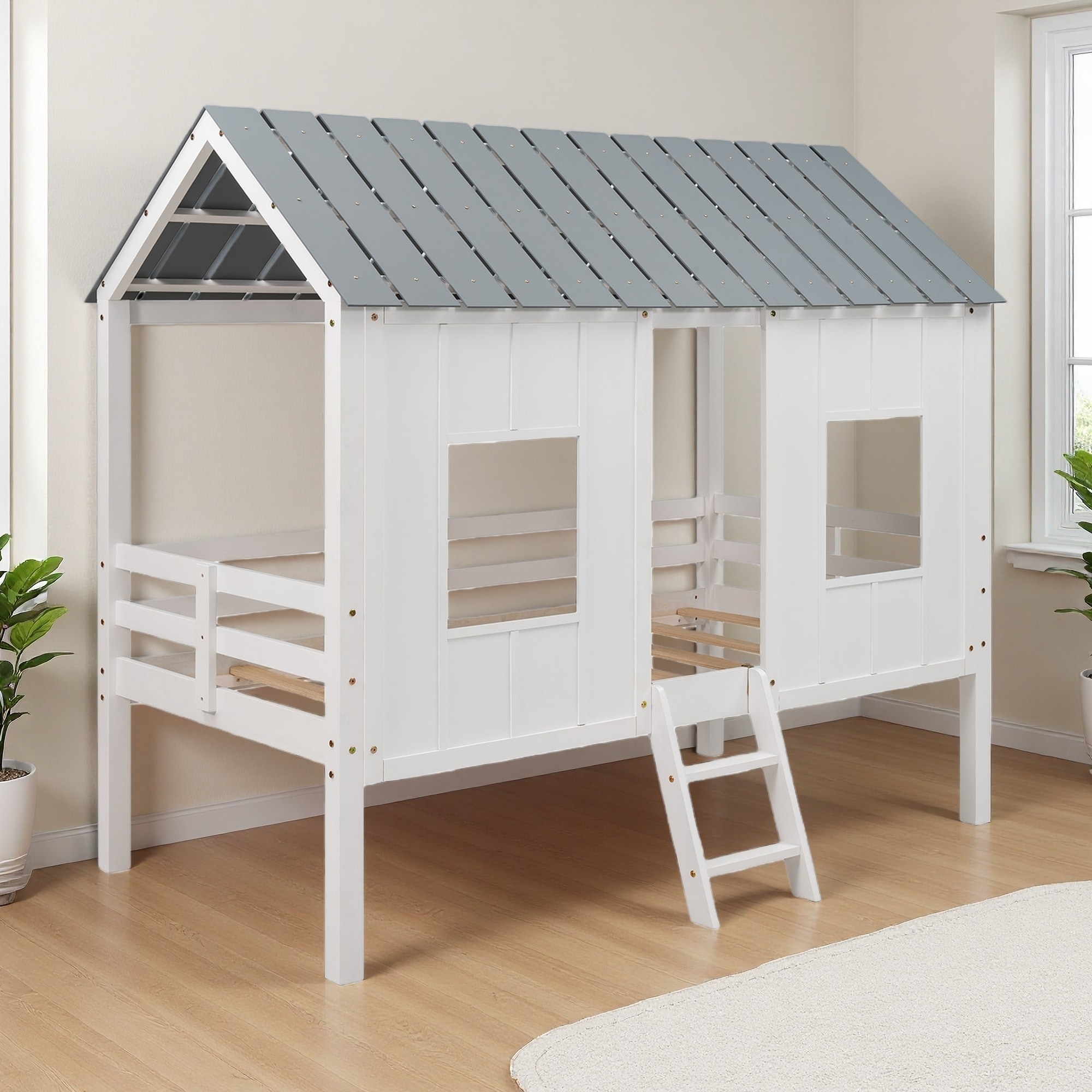 Twin Size Wood Low Loft House Bed with Roof and Front Windows