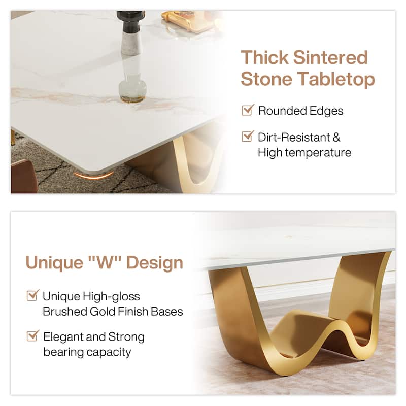 79" Modern Dining Table for 8 Rectangle Dining Table, Luxury White & Gold Kitchen Table with Sintered Stone