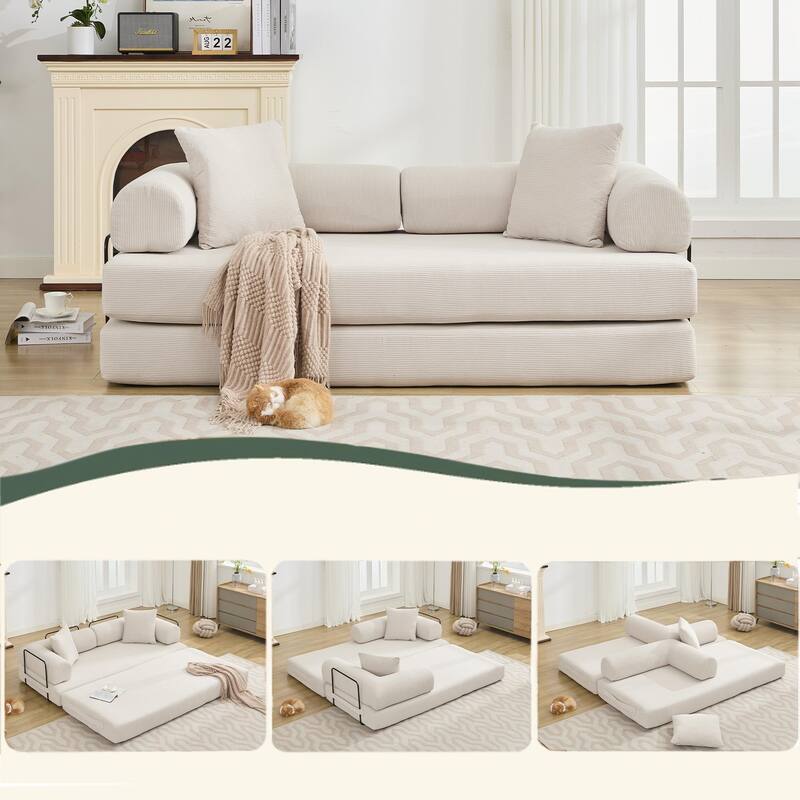 Folding Couch Convertible into King Size Floor Bed, 4-in-1 Corduroy Sleeper Sofa Bed with Moved Armrests and Non-Slip Pad - Beige