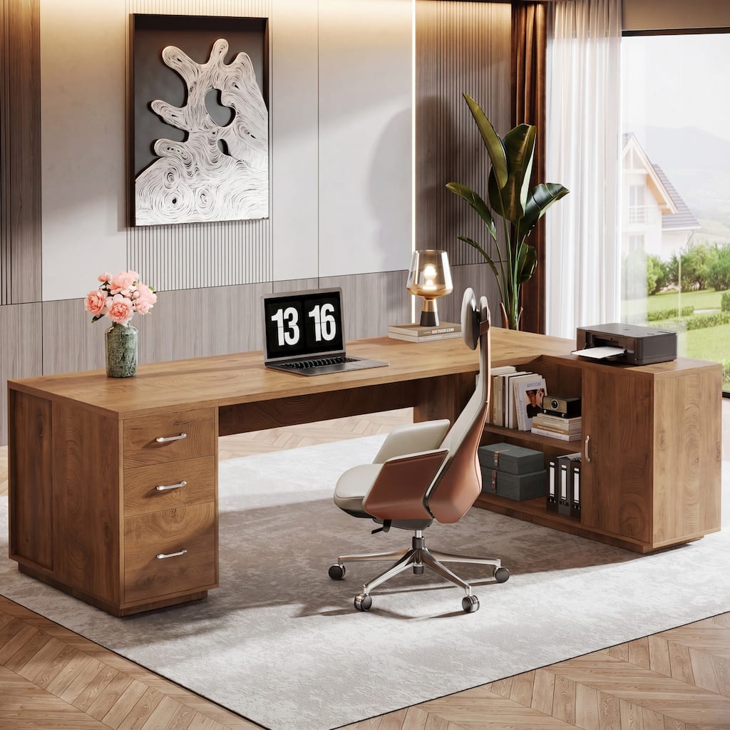 85.8" L-Shaped Executive Desk, Extra Large Office Desk with File Drawers