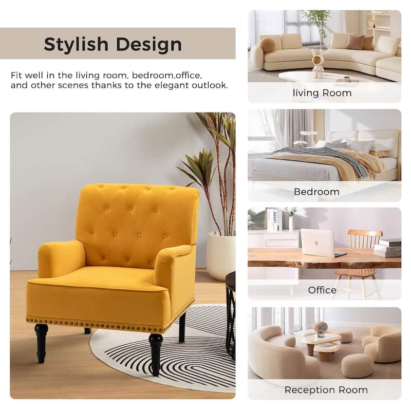 Geltrude Transitional Upholstered Button Tufted Club Chair with turned wooden Legs by HULALA HOME
