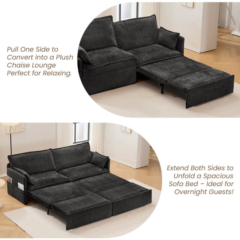 73.6" Corduroy 3-in-1 Convertible Sofa Bed with Pull-Out Sleeper, USB Charging Ports, and Side Storage