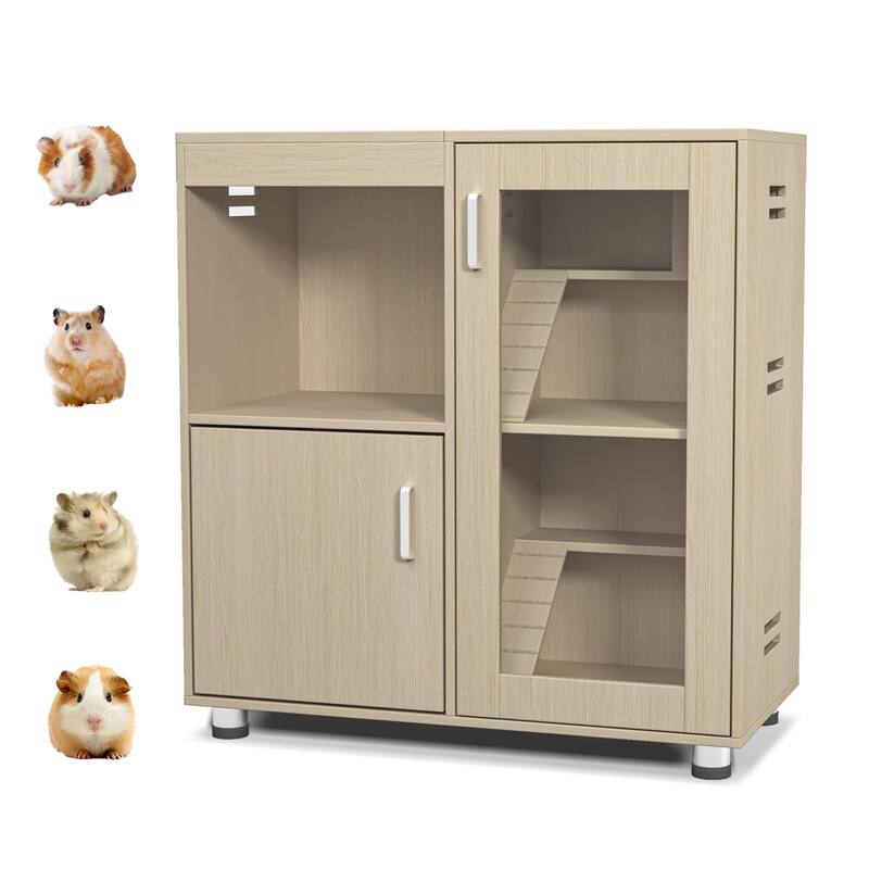 Hamster Cage,Small Animal Cage,4-Tier Guinea Pig Cage Wood with Acrylic Windows,Storage Cabinet,Openable Top - Brown