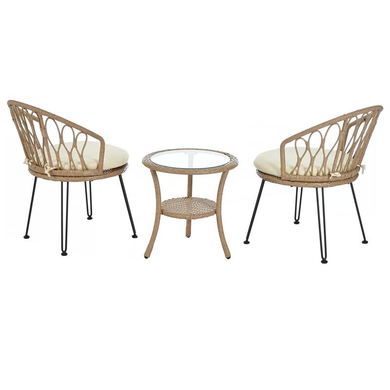 2 Rattan Single Chairs with A Glass Round Table