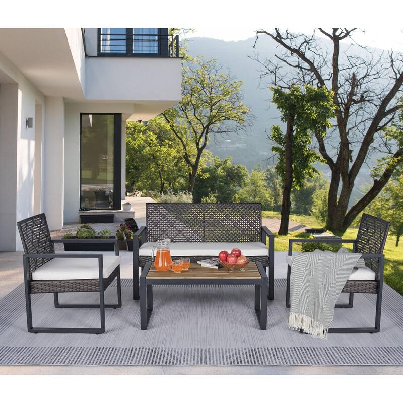 4-Piece Outdoor Patio Furniture Set with Rattan - Includes Double Chair, 2 Single Chairs, Coffee Table,Garden Conversation Set