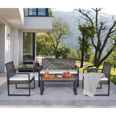 4 Pieces Patio Conversation Furniture Set Outdoor Sectional Steel Sofa with Coffee Table and Cushions