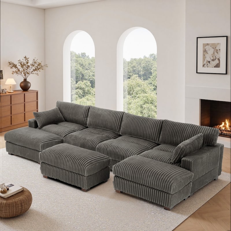 Oversied Plush Corduroy Fabric Modular Sectional Sofa with Chaise, Ottoman - Left Facing - Light Grey-6 Pieces