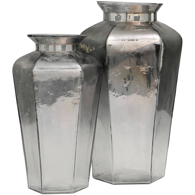 Glass Geometric Hexagon Vase - Set of 2 Gray - Roche River Decor - 7"W x 8"L x 13"H