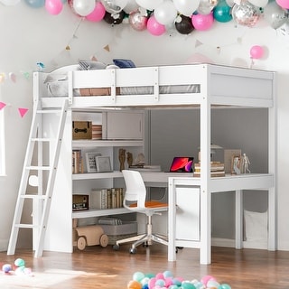Stylish & Simple Full Size Loft Bed with Desk and Storage Shelf, Sturdy Construction & Safety Guaranteed, Maximized Space, White