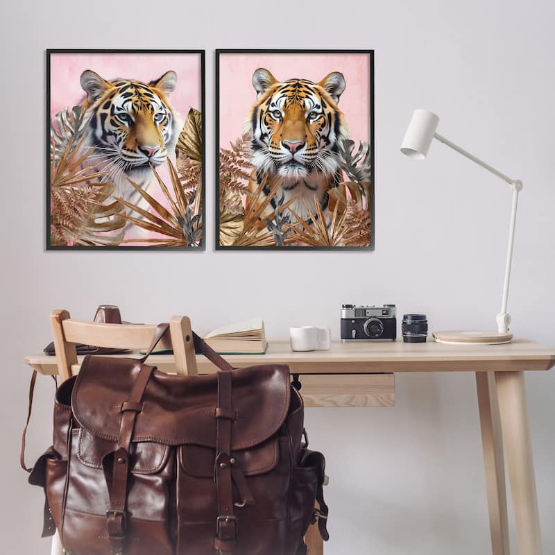 Stupell Fierce Tigers & Gold Leaves Framed Giclee Art Design By Kim Allen (Set of 2)
