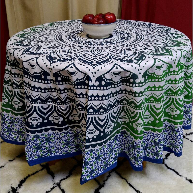 Cotton Floral Heart Medallion Tablecloth Round - 81 inches - Blue Green