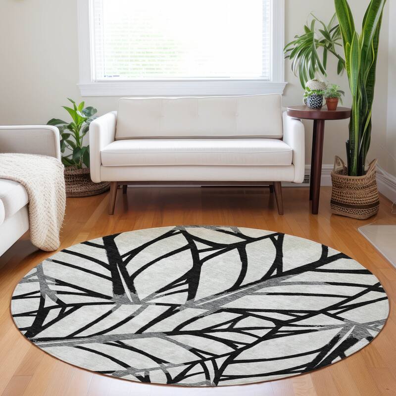 Premium Washable Super Soft Modern Palm Mayfield Rug - Black - 8' x 8' - Round