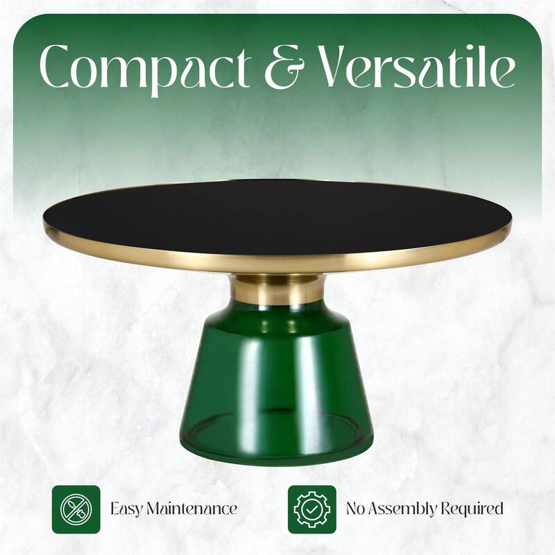 30-Inch Round Coffee Table Glass/Stone Tabletop with Gold Iron Rim Frame Glass Pedestal Base