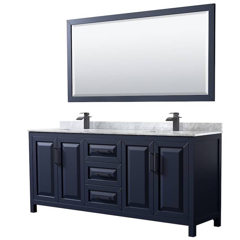 Daria 80-inch Double Vanity, Marble Top, 70-inch Mirror - Dark Blue, Black Trim, White Carrara Marble Top