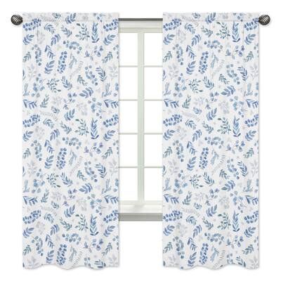 Floral Leaf 84in Window Treatment Curtain Panel Pair - Blue Grey White Boho Watercolor Botanical Flower Woodland Tropical Garden