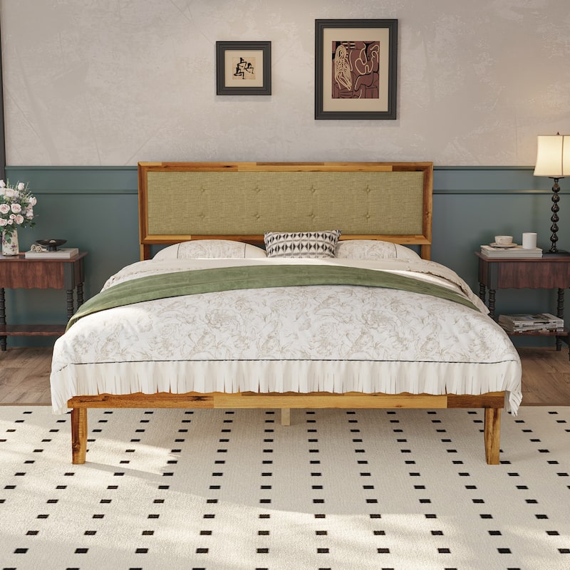 Acacia Wood Platform Bed Frame with Upholstered Headboard - Solid Wood Construction