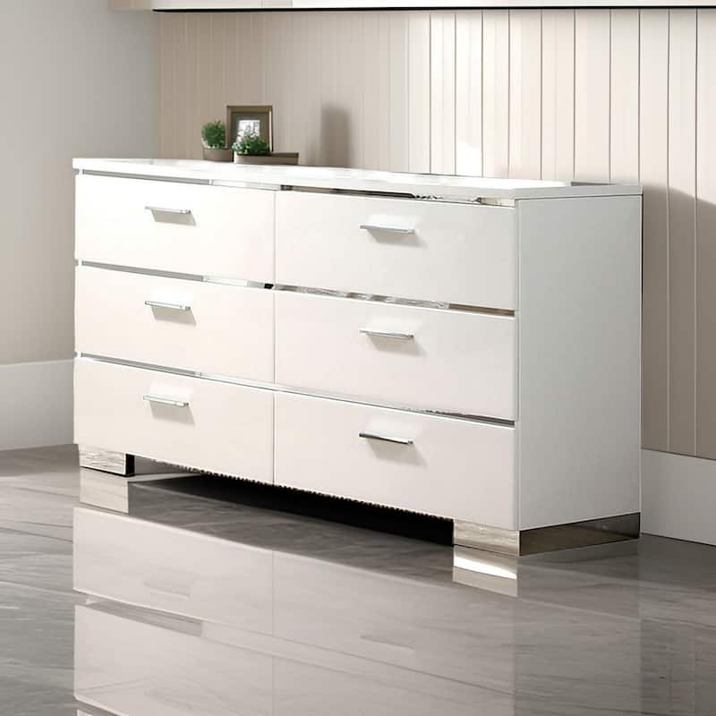 Wood and Metal Dresser with 6 Drawers and Block Leg, White and Silver