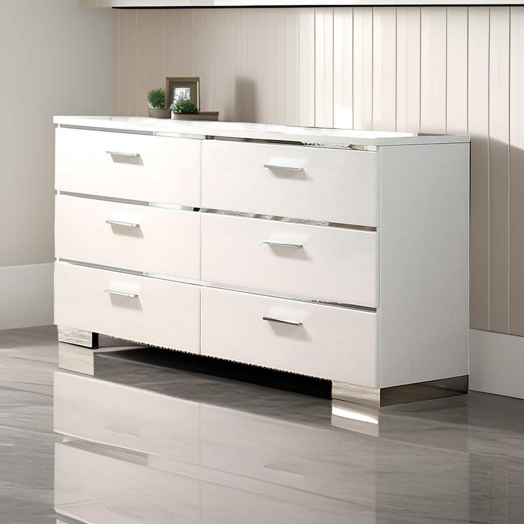 Wood and Metal Dresser with 6 Drawers and Block Leg, White and Silver