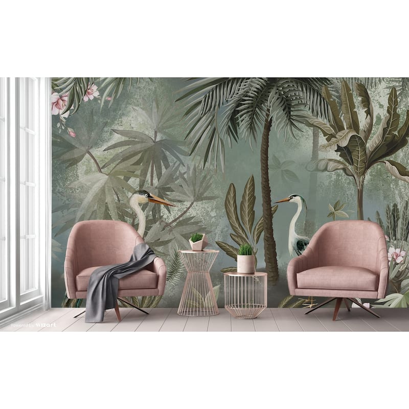 Serene Tropical Oasis Wallpaper Mural Herons and Palm Trees