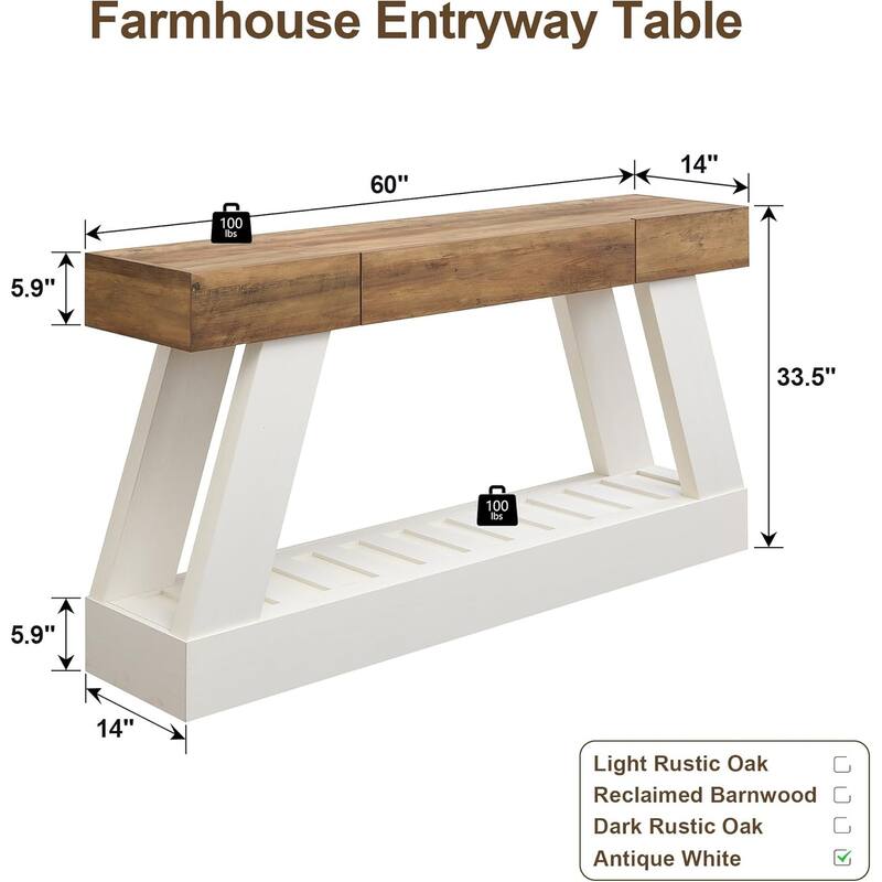60" Farmhouse Entryway Table with Drawer, Entry Table, Foyer Table