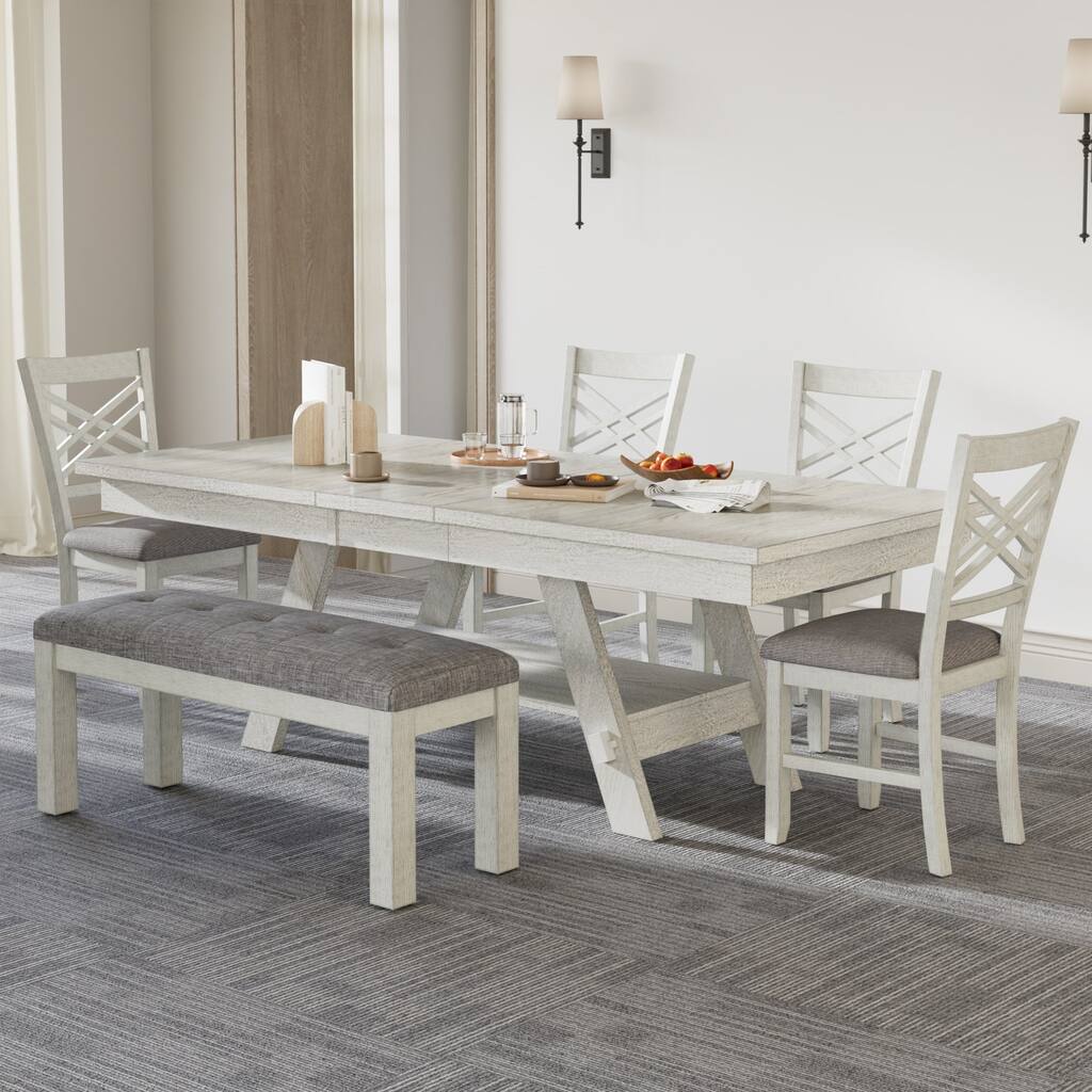 VECELO 6/8-Piece Dining Table Set with Bench, Solid Wood Rectangular Extendable Dining Table & 4 Solid Wood Dining Chairs