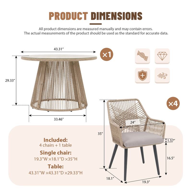 5 Pieces Outdoor PE Rattan Patio Dining Set with Round Tempered Glass Table