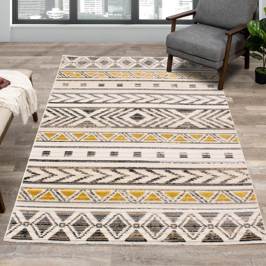 Cali Collection - Yellow/Grey/Cream Tribal Stripes Rug