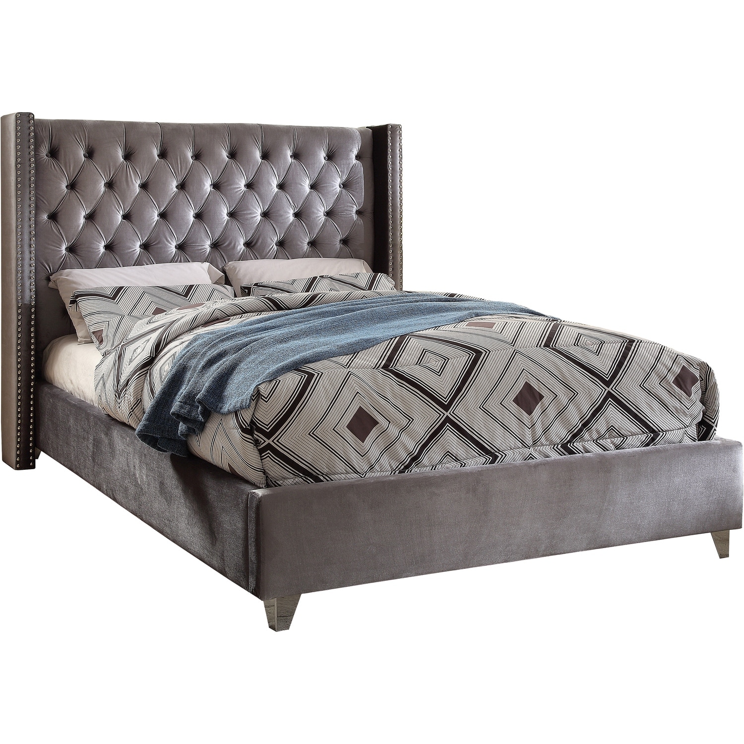 Modern Velvet Upholstered Bed - Deep Button Tufted Design, Solid Wood Frame & Chrome Legs