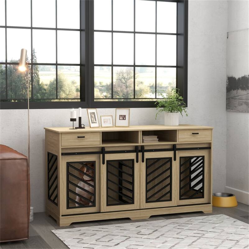 Oak Wooden Dog House and Side Table with Removable Divider and Storage Compartments - 64.2"L x 20.1"W x 25.8"H - Oak