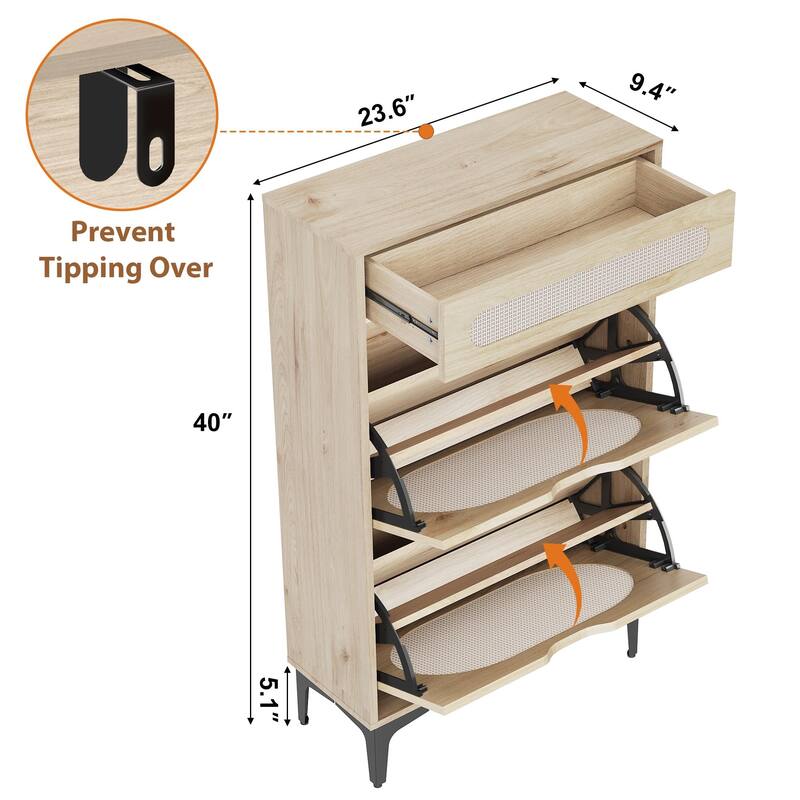 Shoe Cabinet, Rattan Shoe Storage With 2 Flip Drawer and 1 Pull-Out Drawer, Heavy Duty Metal Leg