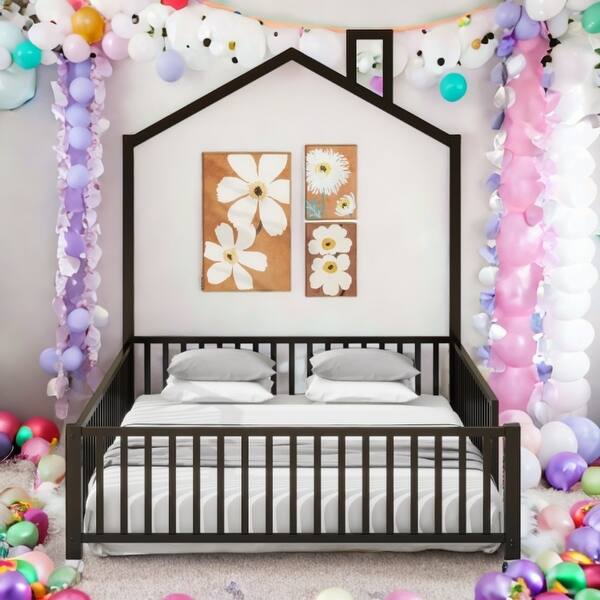 slide 2 of 11, Black Metal Full Size House Bed with Guardrail , Kids Bed with Headboard