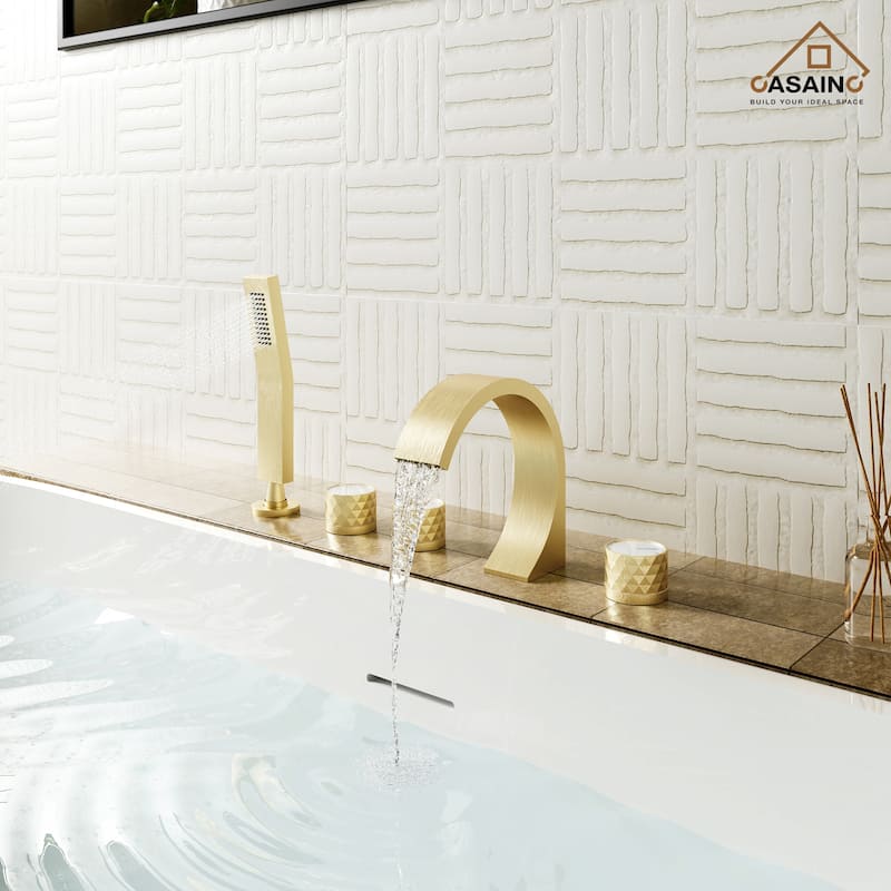 Waterfall 3-Handles Deck-Mount Roman Tub Faucet with Hand Shower (Valve Included)