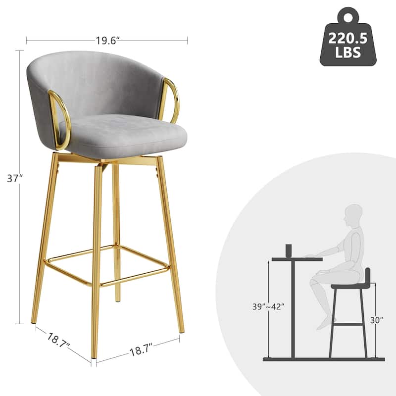 Velvet Bar Chair Set of 2, 360° Swivel Bar Chairs with Metal Legs, Upholstered Counter Height Bar Chairs w/Anti Slip Pads