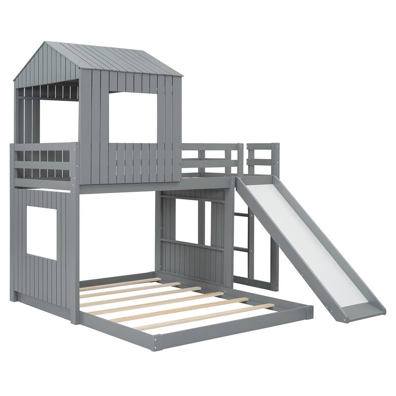 Wooden Twin Over Full Bunk Bed, Loft Bed with Playhouse, Farmhouse, Ladder, Slide and Guardrails, Gray