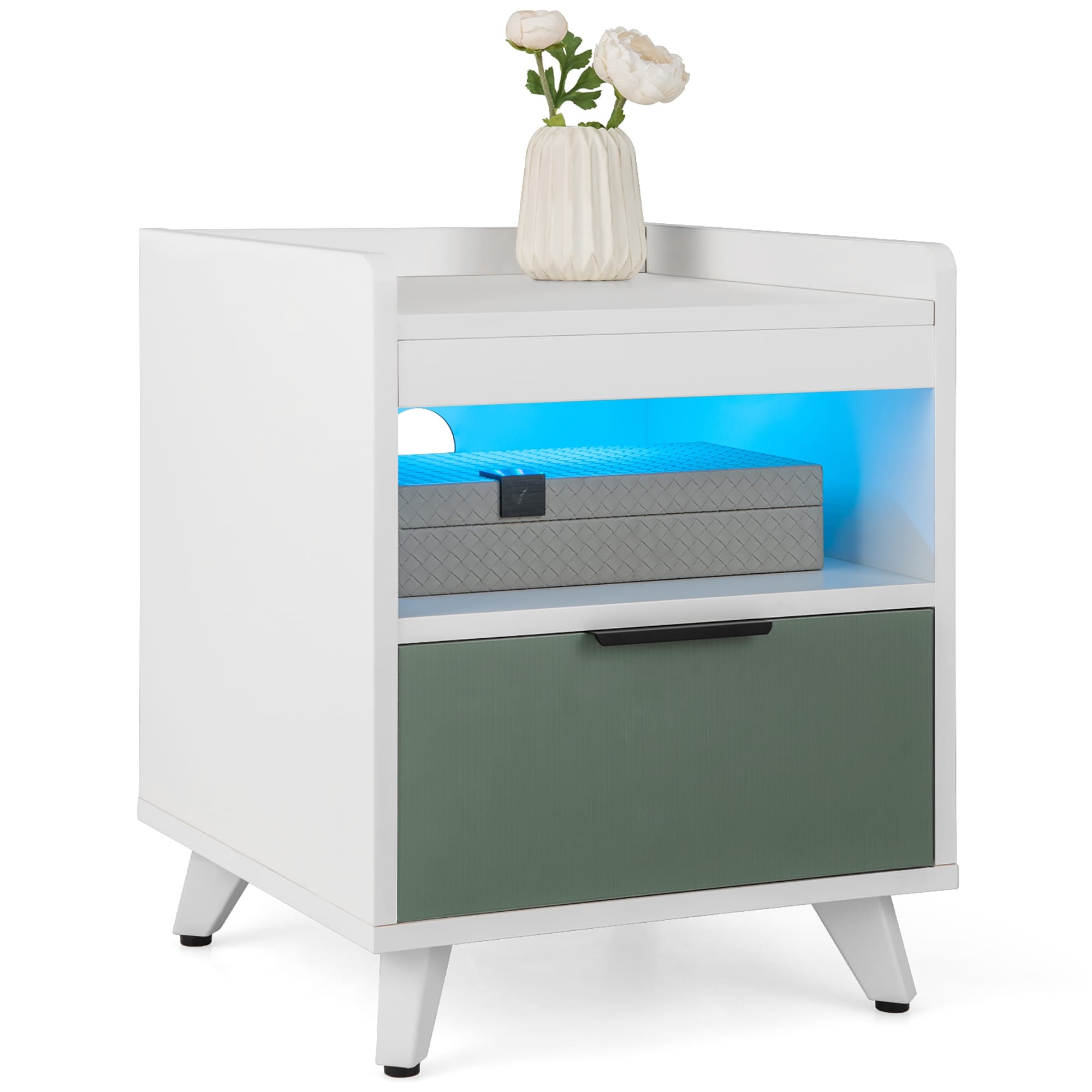 Gymax Nightstand Modern Beside End Table w/ LED Lights Open