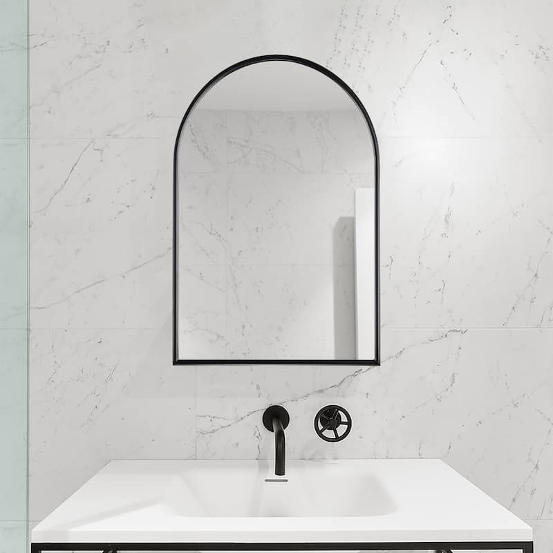 Black 24 in. W x 35 in. H Arched Metal Framed Iron Modern Accent Mirror - 23.6 in. W x 35.5 in. H x 1 in. D