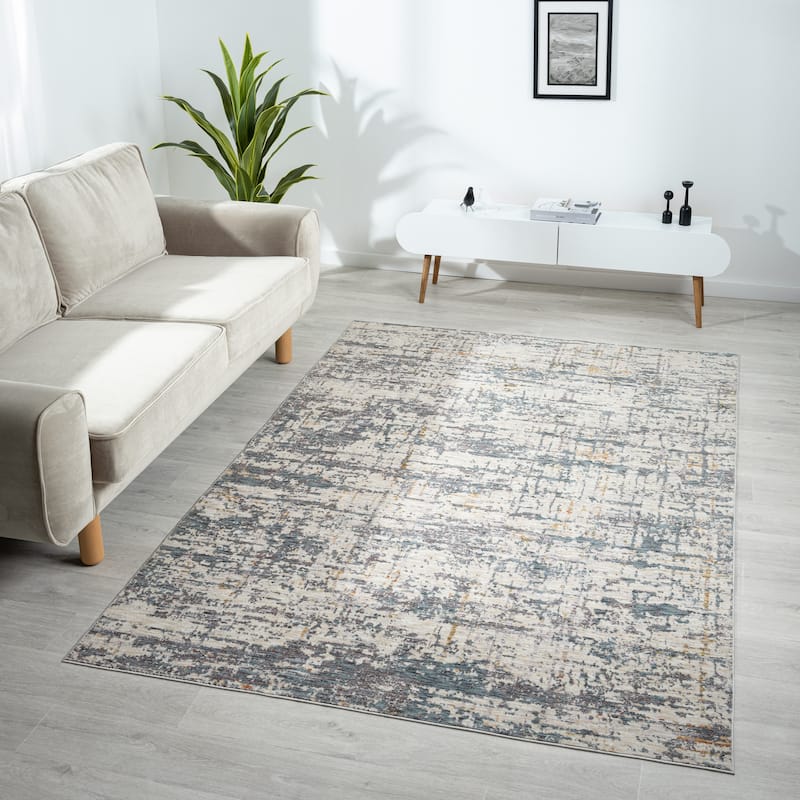 Reeves Modern Abstract Blue/Beige Performance Indoor Area Rug by Sevita - 5' x 8'