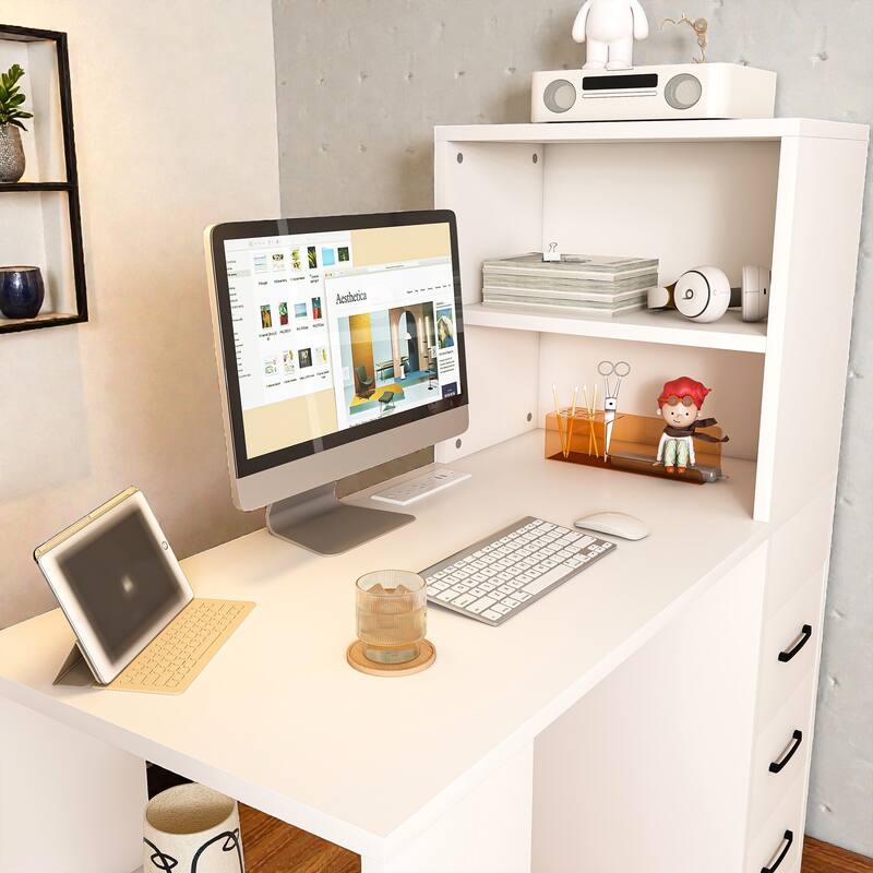 Computer Desk with Charging Station and Drawers, Office Desk with 4 Tier Storage Shelves for Home Office Study
