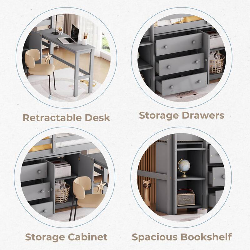 Twin Size Wood Low Loft Bed with Pull-Out Desk