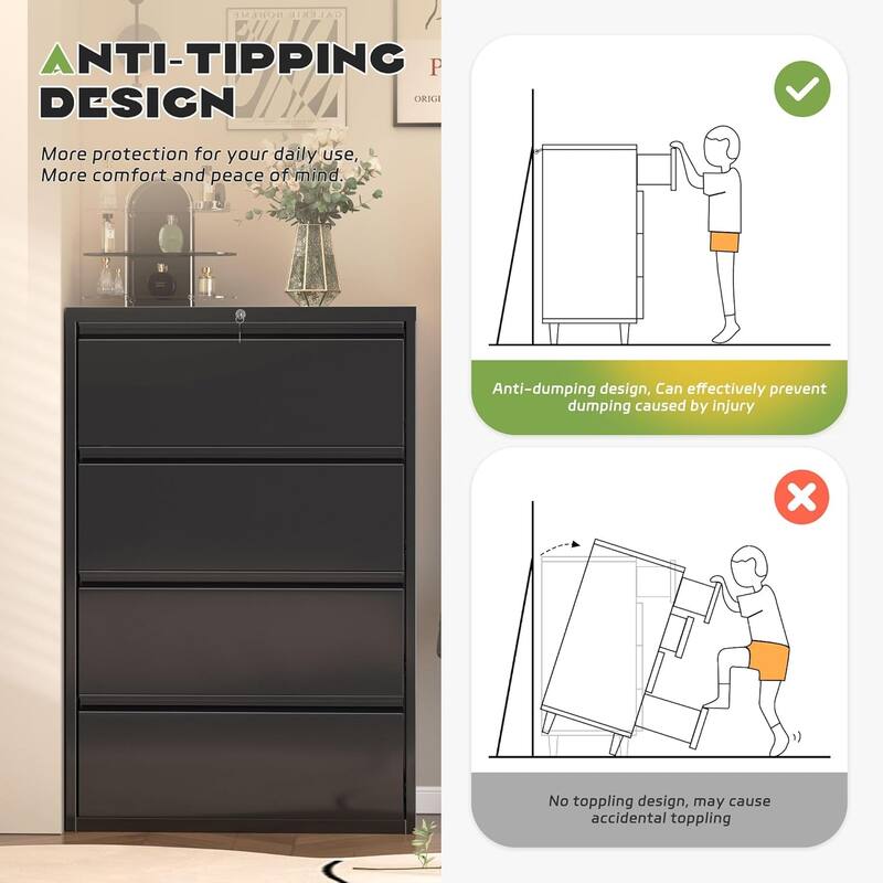 4 Drawer Metal Lateral Filing Cabinet with Lock