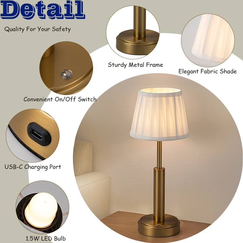 Modern Rechargeable LED Table Lamp with Fabric Shade Classic Touch Control USB Cordless Nightstand Light for Bedroom (2 Pack)