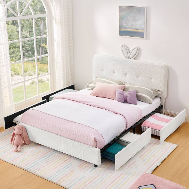 Queen Size Boucle Upholstered Bed with Rabbit Ear Headboard, LED Music Sync & 4 Drawers