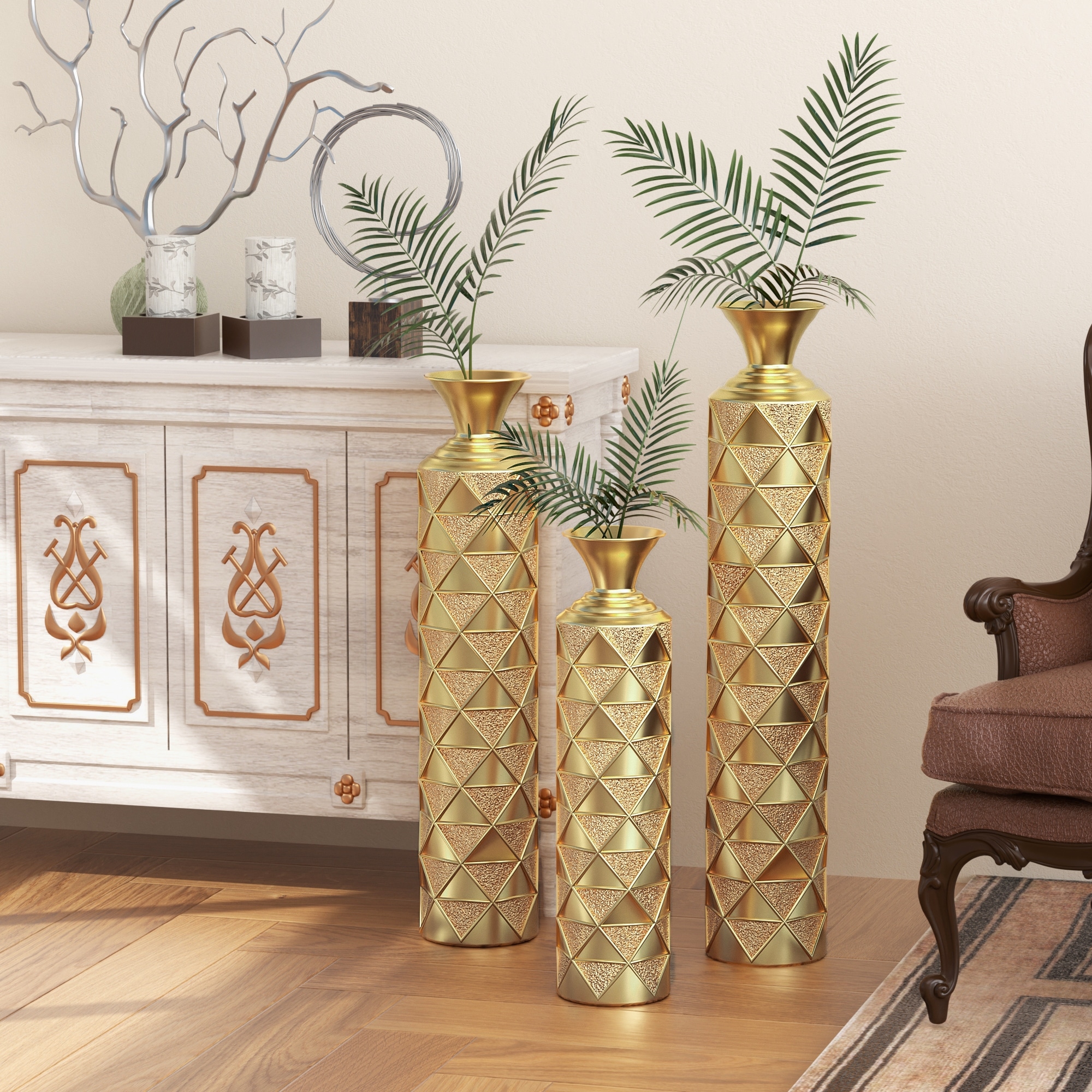 Metal Decorative Vase High Distress Metal Center Vase with 3D Triangle Pattern,Set of 3 Vases for Home Decoration