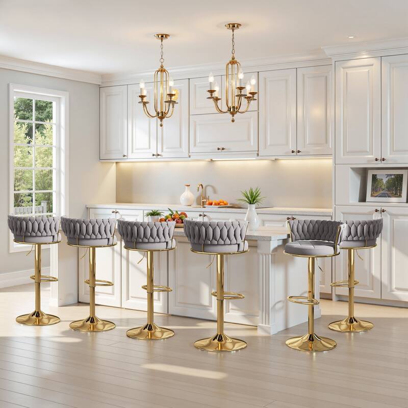 VECELO Set of 4/6 Bar Stools Adjustable Swivel with Metal Frame Modern Bar Stools with Back for Dining Room - Set of 6 - Grey/Gold