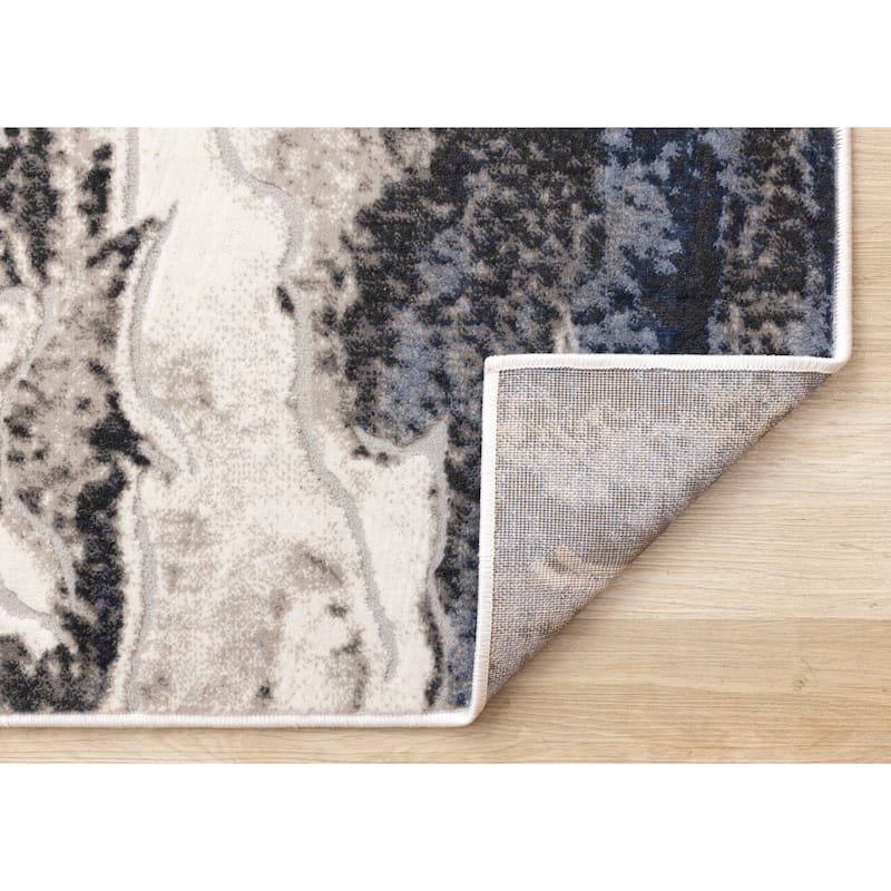 Blue Cream Grey Abstract Modern Area Rug, 5'3" x 7'7"