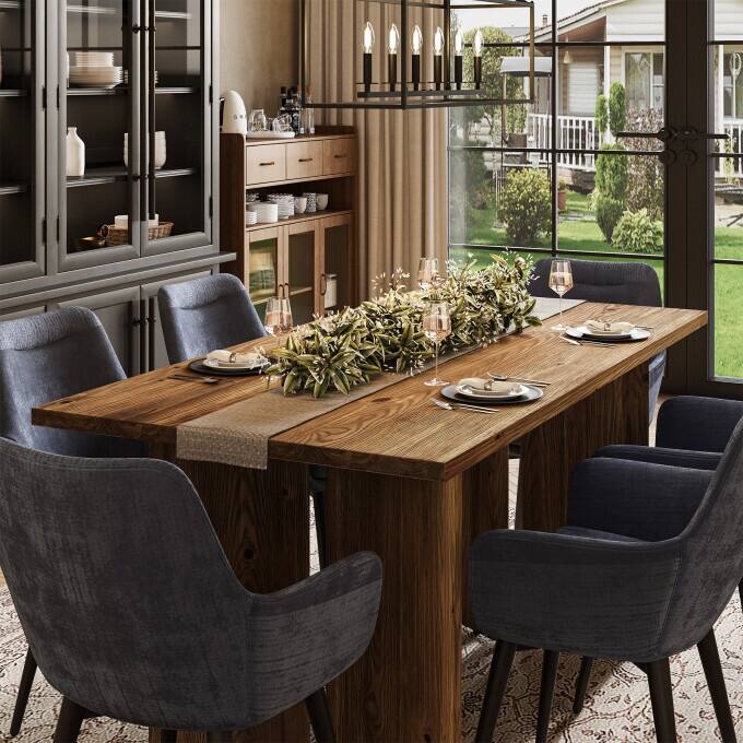 63-Inch Solid Wood Dining Table, Farmhouse Long Kitchen Table - Brown