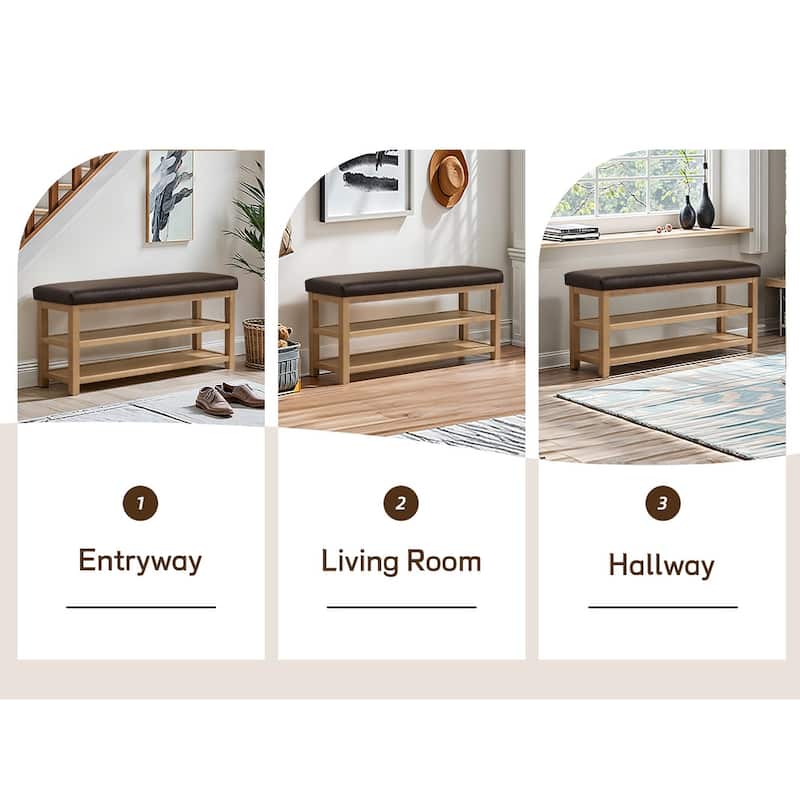 HUIMO Multi-Functional Solid Wood Bench with Storage Shelves 46in/39in/31in