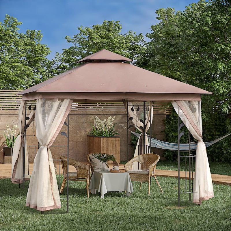 Double Roof Outdoor Gazebo Canopy Shelter - Brown